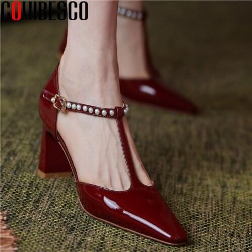 COVIBESCO Retro Pearl T-Strap Women Pumps Spring Summer Genuine Leather Office Casual High Heels Fashion Concise Shoes Woman