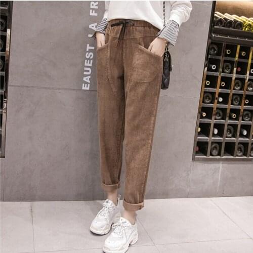 Winter Corduroy Elastic Waist Womens Pants High Waist Ankle Length Harem Pants Mujer Cords Loose Cusaul Korean Style Plus Size
