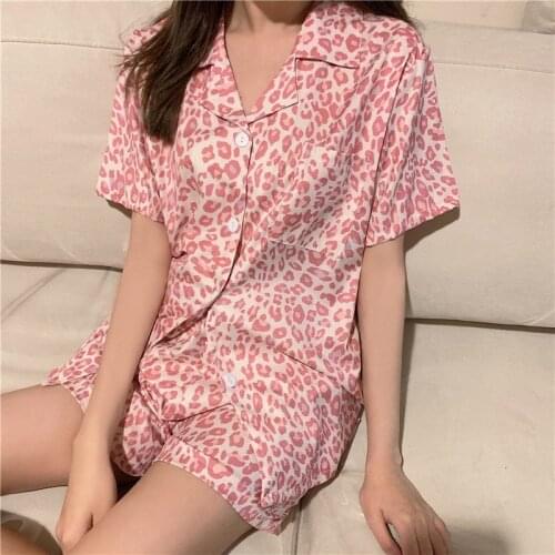 Leopard Print Womens Pajamas Sets 2021 Summer Nightwear Casual Loose Lapel Collar Short Sleeve Couples Summer Sleepwear Set