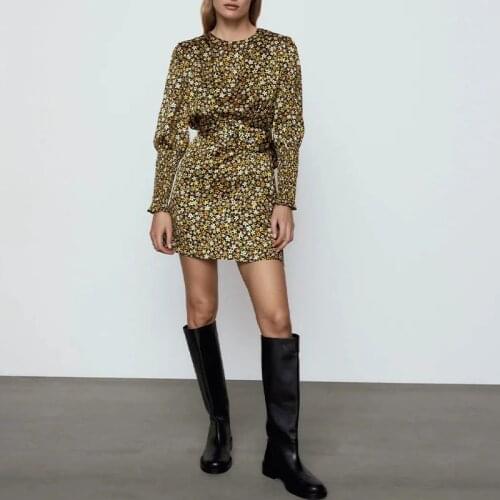 Ladies Floral Print Dress Long Sleeve Round Neck Mini Dress Fashion Elegant Cocktail Dress