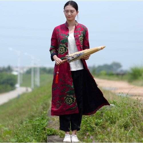 SCUWLINEN 2020 Women Spring Autumn Coat Vintage Mandarin Collar Plate Buttons Plus Size Long Robe Outerwear Overcoat Trench S227