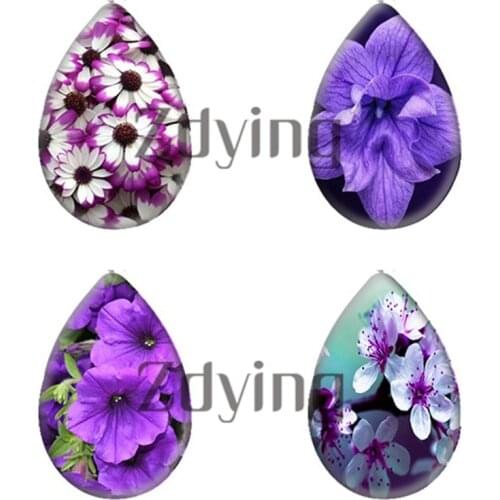Zdying 13x18/18x25mm Purple Lavender Flowers Water Tear Drop Glass Photo Cabochon Demo Flat Back DIY Rings Jewelry Findings