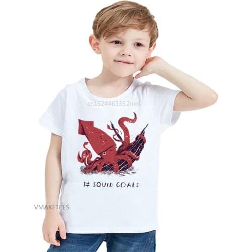 2018 Summer Girls & Boys Short Sleeve T shirt Squid Goals Print T-shirt Baby Kids Funny Octopus Casual Clothing,HKP5673