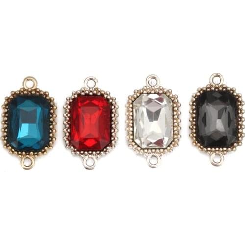 8Seasons Fashion Zinc Based Alloy & Glass Connectors Rectangle Dark Gray Colorful Faceted Jewelry DIY Charms 24mm x 14mm, 5 PCs