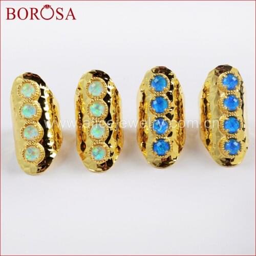 BOROSA 5PCS Gold Color Bezel Round Four Japanese Opal Faceted Band Bar Ring Jewelry Man-made Opal Rings for Women ZG0340