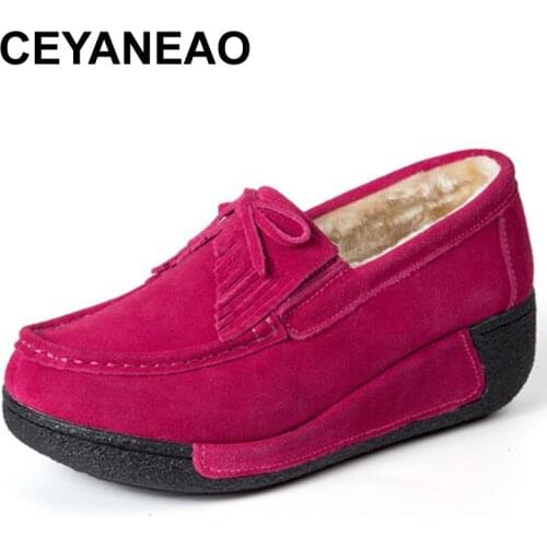 CEYANEAO2018 Genuine Leather Platform Winter Women Shoes Warm Plush Wedge Shoes Woman Comfort Lace Up Casual Ladies ShoesE859