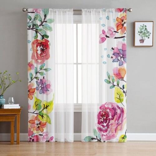 Flower Art Watercolor Rose Tulle Window Curtain for Living Room Modern Sheer Curtain for Bedroom Kitchen Drapes Custom
