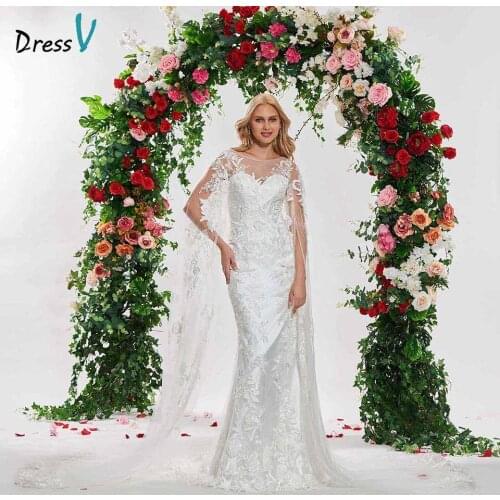 Dressv ivory elegant mermaid scoop neck long sleeves wedding dress lace floor length simple bridal gonws wedding dresses