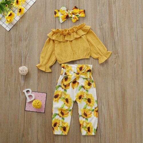1-4Y Baby Girls Ruffle Tops Toddler T-Shirt Girl Sunflower Pants Autumn Outfits Kids Clothes Girl Sunflower Headband 3PCS Set