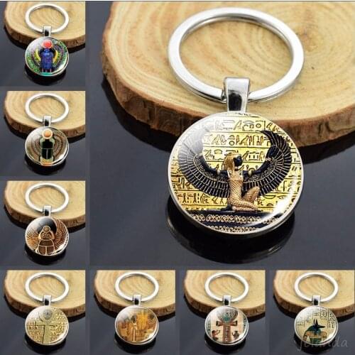 Isis Goddess Keychain Isis Wing Jewelry Anubis Pendant Ancient Egyptian Scarab Cleopatra Cross Double Side Glass Keyring Gift