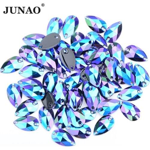 JUNAO 17x28mm Amethyst AB High Quality Sewing Crystal Drop Flatback Rhinestones Resin Strass Sew On Stones for Clothes Jewelry