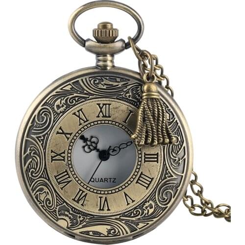 Hollow Roman Number Pocket Watch Vintage Alloy Steampunk Bronze Pendant Necklace Chain Quartz Pocket Watch with Tassel Accessory