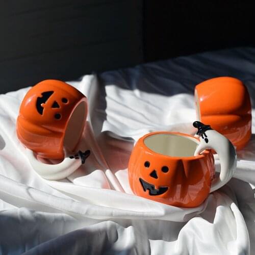 Coffee Mugs Halloween Pumpkin-Shaped Ceramic Cup Teacup with Ghost Handgrip for Home Office
