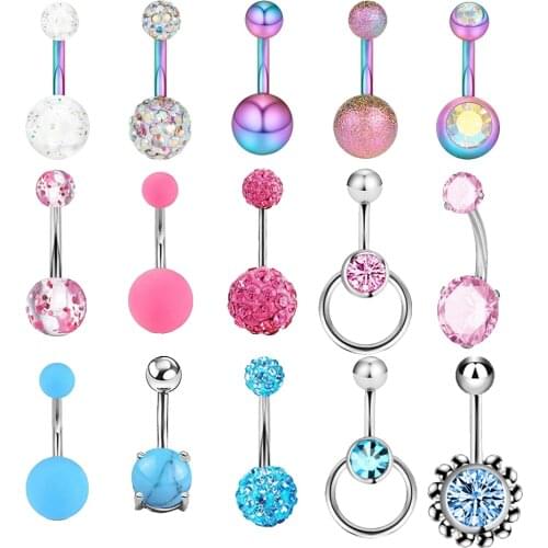 5PCS 14g Belly Button Rings Surgical Steel CZ Navel Ring Barbell for Women Girls Body Piercing Jewelry Rose Gold Rainbow Black