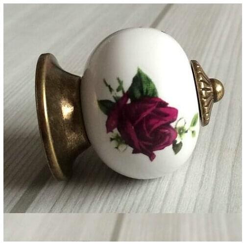 Red Rose Dresser Knob Drawer Kitchen Cabinet Knobs Rustic Antique Bronze Door Handle Pull Ceramic Knobs Hardware