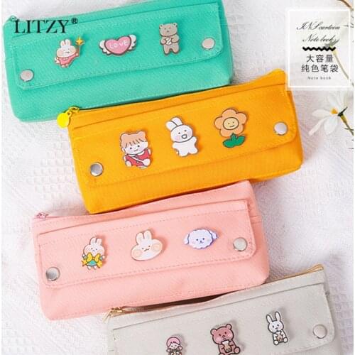 LITZY Kawaii Pencil Case with Animal Brooch Pencil Bag Cute Canvas Pen Pouch for Student Pen Box School Office Stationery Supply