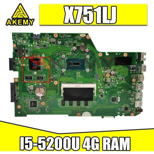 Akemy X751LJ mainboard For ASUS A751L R752LA R752LD X751LN X751LD X751LJ Laptop Motherboard 100% Test OK I5-5200U 4G RAM GT920M