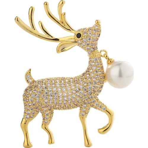 Cubic Zircon Micro Paved Lovely Deer Brooches Pin Lady Imitation Pearl Scarf Buckle Dressing Accessory XZ0051