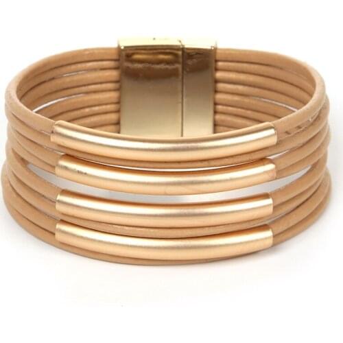 ORNAPEADIA Multilayer Thin Belt Copper Tube Bracelet for Womne Bohemian Leather All-match Bracelet Magnetic Buckle Girls Jewelry