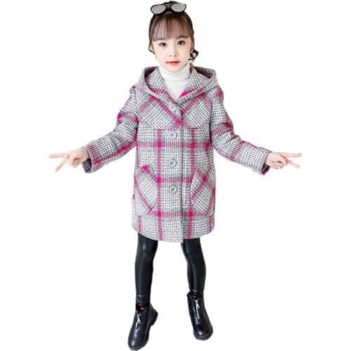 Fashion girl woolen coat jacket elegant plaid hooded jacket coat for 2-12years girls kid children thick outerwear clothing