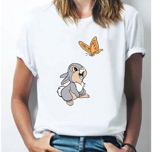 New Disney Bambi Thumper Rabbit Oversized T Shirt Cartoons Printing Women Cute Summer O-Neck Short Sleeve Loose Casual Clothing