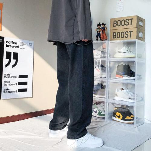 2021 Mens New Loose Black/blue Straight Pants Solid Color Casual Pants Baggy Homme Cargo Pocket Jeans Biker Denim Trousers