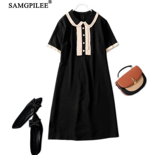 Dresses Woman Summer 2021 New Office Lady A-line Patchwork Short Sleeve Folds Knee-length Peter Pan Collar Korean Black Dress
