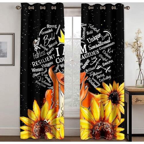 3D Black Letters Simple Sunflower Pattern Blackout Curtain Set Hook, Suitable for Home Curtains In Living Room and Bedroom