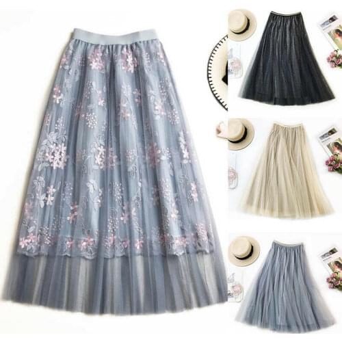 Womens Tulle Swing Skirt High Waist Ruffle Summer Elastic Long Maxi Skirt Fall Winter Skirts