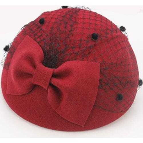 British Black bow Wool Pillbox Hat For Women With Veil Fall Winter Wedding Fascinator Hats Vintage Ladies Derby Formal Felt Cap