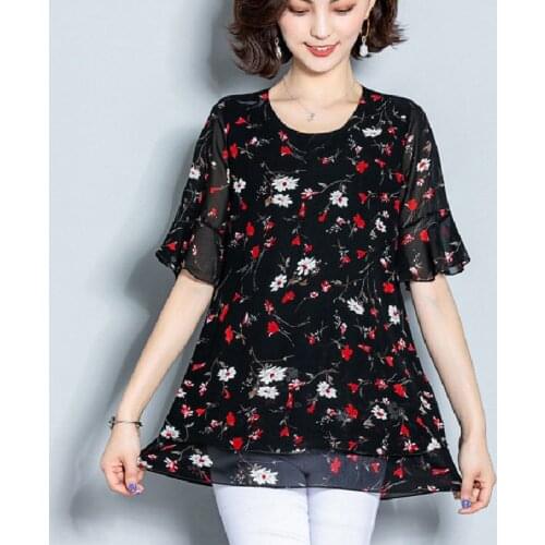 Women Spring Summer Style Half Sleeve Chiffon Casual Blouses Shirts O-Neck Ruffle Lady Print Plus Size Loose Blusas TopsDM0109
