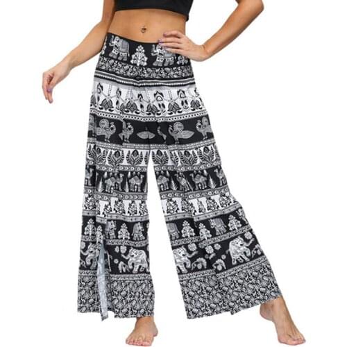 Ladies Florial Totem Fruit Print Palazzo Slit Wide Leg Pants Women Sports Casual Beach Boho Yoga Trousers Hippie Bohemian Pilate