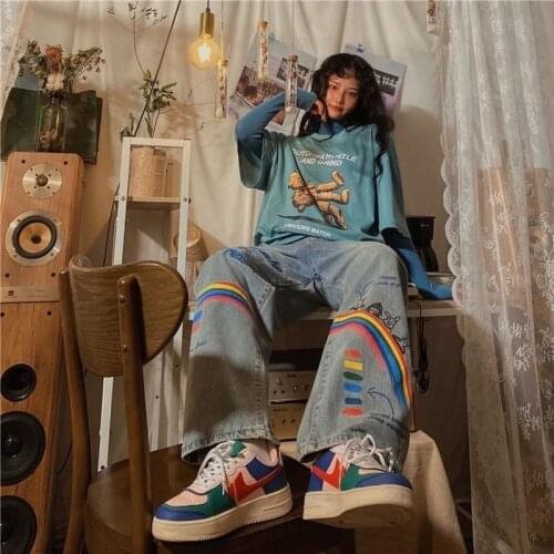 Female Cotton Cargo Pants Streetwear Loose Summer Harajuku Oversized Jeans Blue Rainbow Jeans Women Streetwear Straight Jeans