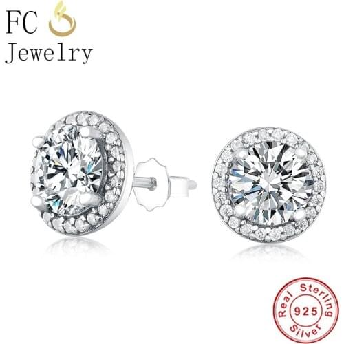 925 Sterling Silver Minimalist Round Clear Zirconia Stone Shining Stud Push Back Earrings Female Women Girl Fashion Brincos 2021