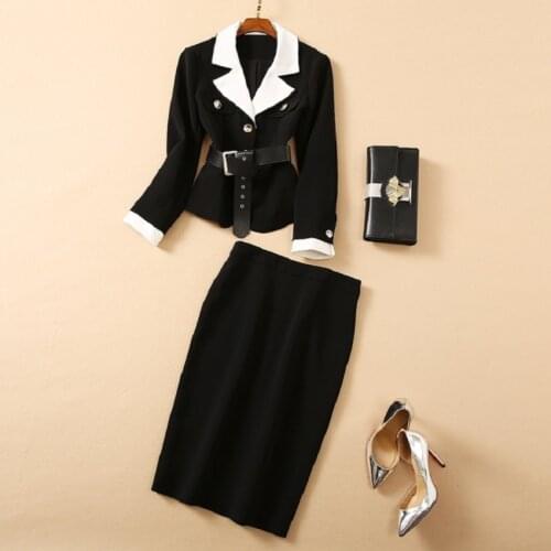 Womens Set 2021 Autumn Winter Business Suits Woman White Black Color Block Blazer Coats+Midi Pencil Skirt Sets & Suits Blazer