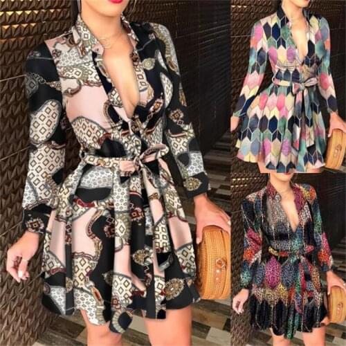Thorn Tree 2021 Sexy Women OL Deep V-neck Long Sleeve Dress Print High Waist Button Up Shirt Dress Casual Loose Short Mini Dress
