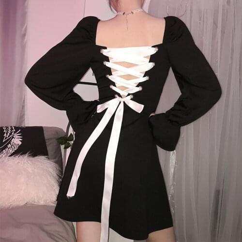 Autumn 2020 Harajuku Pleated Female Dresses Dark Gothic Vintage Dress Bandage Backless Ruffle Long Sleeve Fashion Vestidos