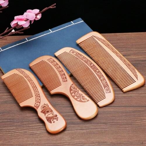 1pcs Natural Peach Solid Wood Comb Engraved Peach Wood Beauty Accessories Healthy Massage Anti-Static Comb Hair Care Tool
