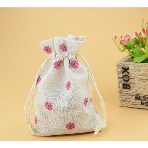 100pcs Cotton Sacks Drawstring gift bags for jewelry/wedding/christmas Packaging Linen pouch Bags Pink Flower Pattern 10x14cm