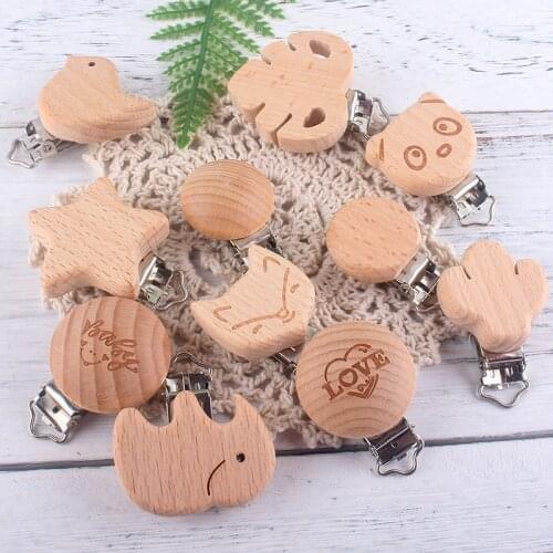 5Pcs/Lot Food Grade Beech Wooden Pacifier Clip Holder Animal Shape Clip for Baby Teething Pacifier Chain Holders DIY Accesories