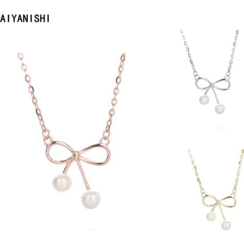 AIYANISHI 925 Sterling Silver Bow Knot Shell Pearl Pendant Necklace Engagement Natural Pearl Cute Pendant Necklace Jewellery