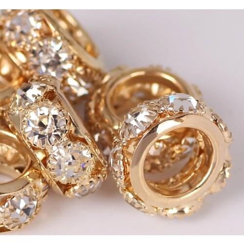 10pcs Big Hole Metal Spacer Bead 10/12mm Round Beads With Crystal Mosaic Rhinestones For DIY Making Charms Bracelets