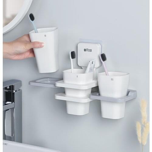 Toothbrush Holder With 3 Cups Wall Mounted Bathroom Cleanser Storage Rack Bathroom Bath Accessories Set 3 Layers Toothbrush Case