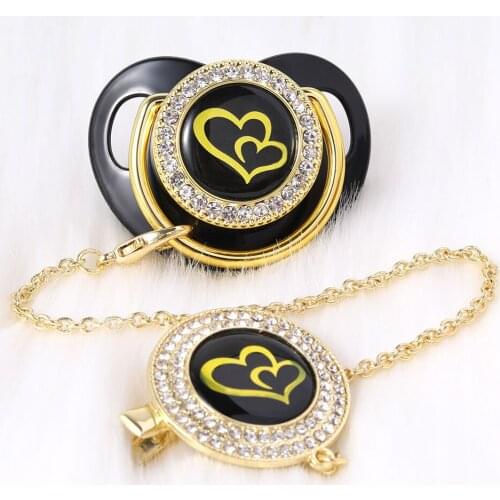Pacifier holder And Clips Bling Luxury Baby Pacifier Lovely Golden Heart Newborn Silicone Orthodontic Pacifier Nipple chupetero