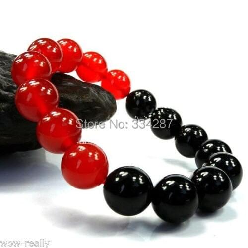 Tensile Elastic 12mm Red Jades Black Agates bead bracelet Bangle