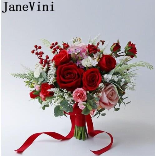 JaneVini Flores Boda Artificial Wedding Bouquet Red Brides Flower Pink Roses Silk Bridal Bouquet Fleur Mariage Accessories 2019