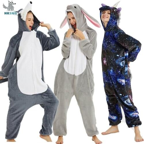 New High Quality Adult Wolf Onesie Kigurumi Flannel Rabbit Unicorn Costume Pajama Animal Halloween Party Jumpsuits Pyjamas Suit