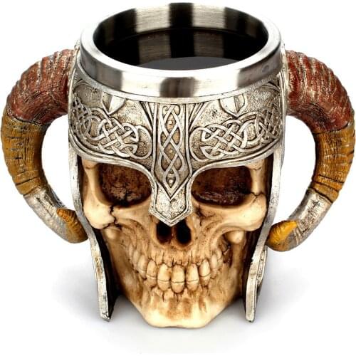 Viking Ram Horned Pit Lord Warrior Stainless Steel Skull Mug Beer Goat Horn Resin Tankard Coffee Mugs Halloween Bar Gift Tea Cup
