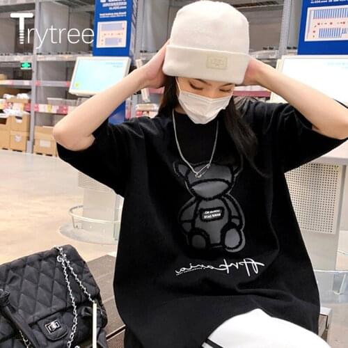 Trytree 2021 Summer Women T-shirts Casual Cotton Blended Bear Anime Short Sleeve Shirt Loose Tops For Women Tee Dropshipping