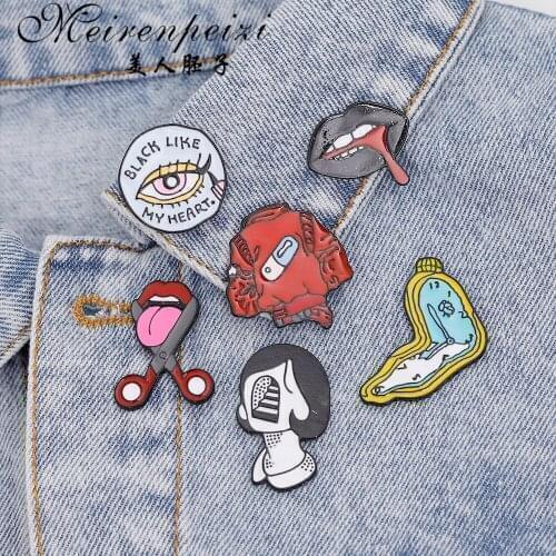 Meirenpeizi Black Like My Heart Pins Eye and Mouth Brooches Eyeline Red Lips Scissors Jewelry Punk Pins Badges